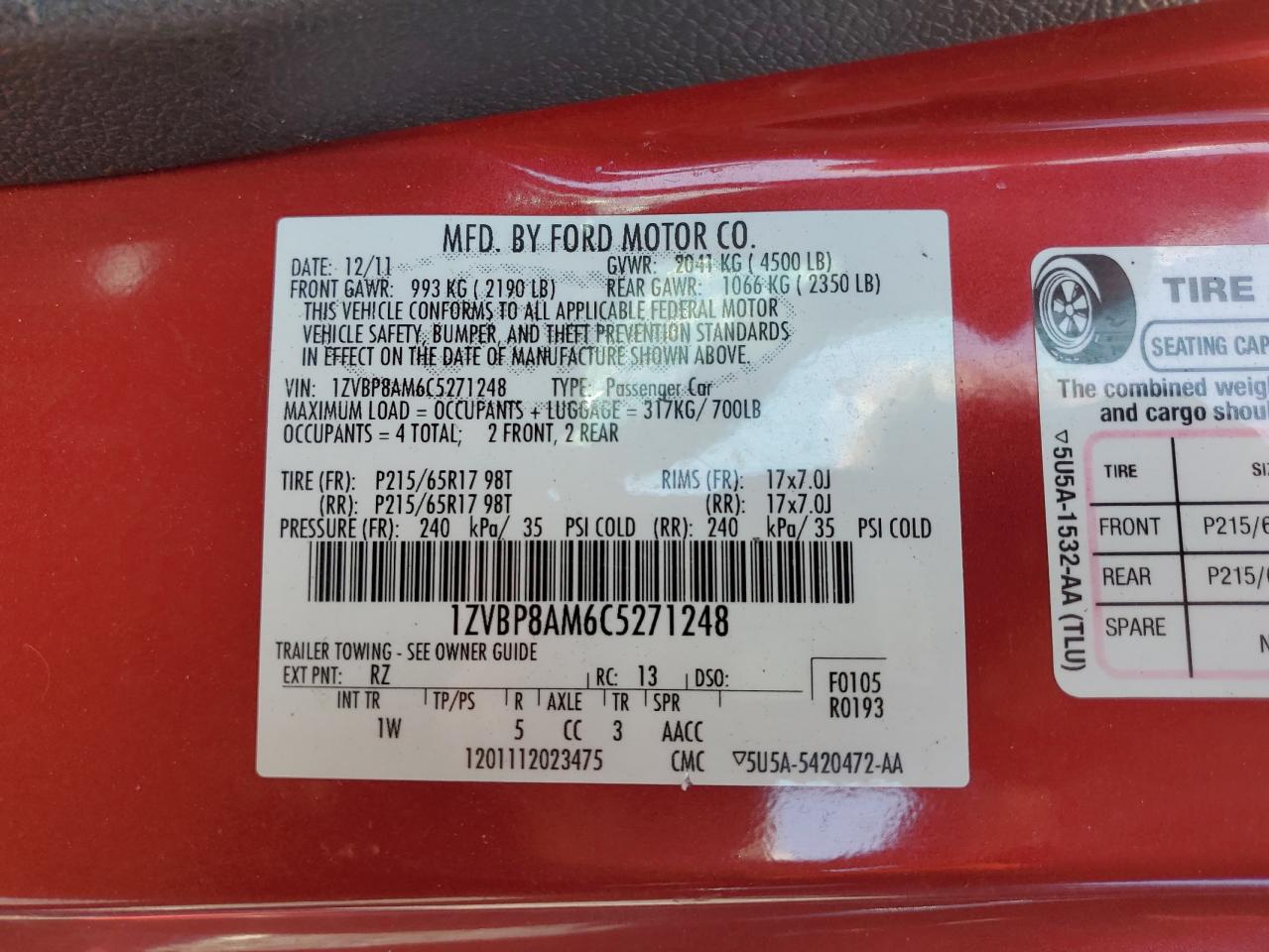 2012 Ford Mustang VIN: 1ZVBP8AM6C5271248 Lot: 67828355