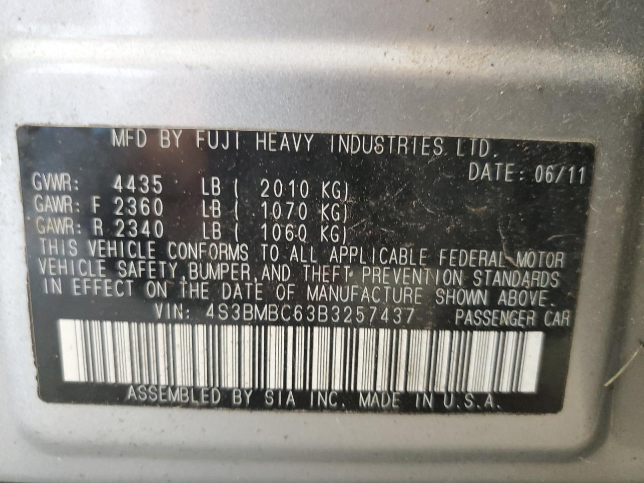 2011 Subaru Legacy 2.5I Premium VIN: 4S3BMBC63B3257437 Lot: 67364725