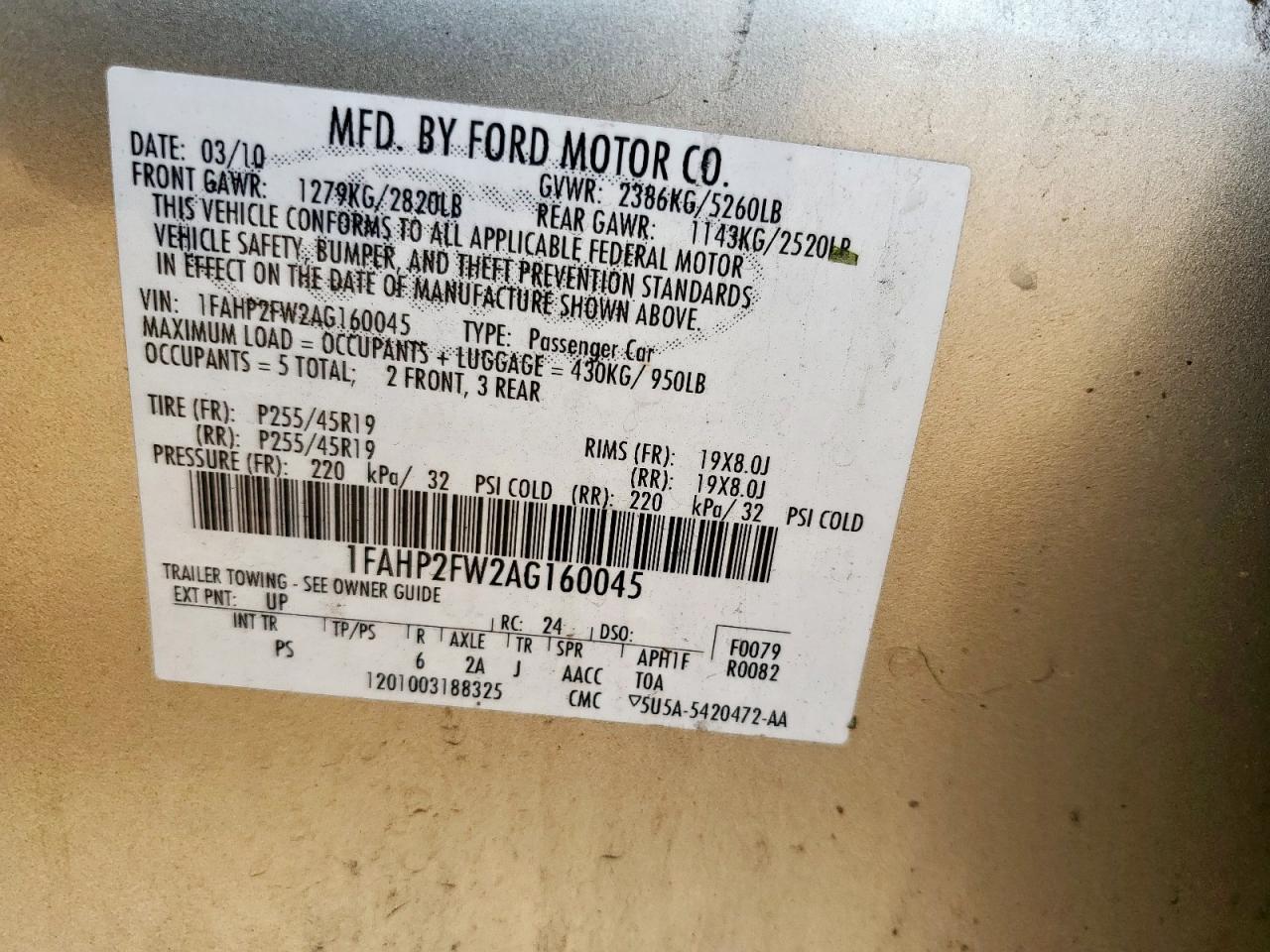 2010 Ford Taurus Limited VIN: 1FAHP2FW2AG160045 Lot: 68733185