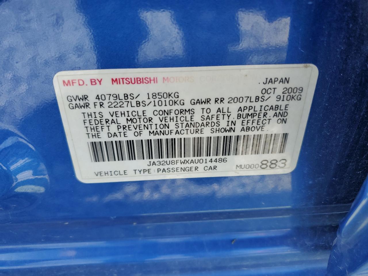 2010 Mitsubishi Lancer Gts VIN: JA32U8FWXAU014486 Lot: 69130505