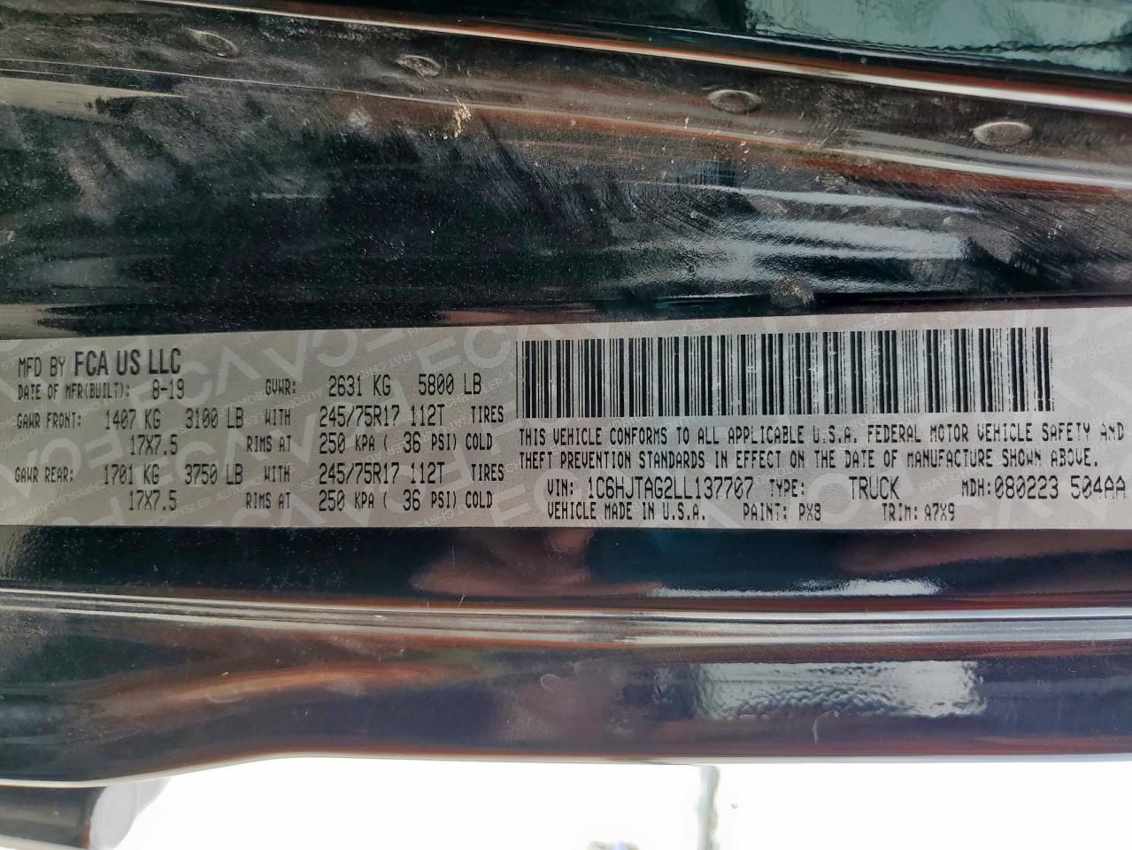 2020 Jeep Gladiator Sport VIN: 1C6HJTAG2LL137707 Lot: 69995015