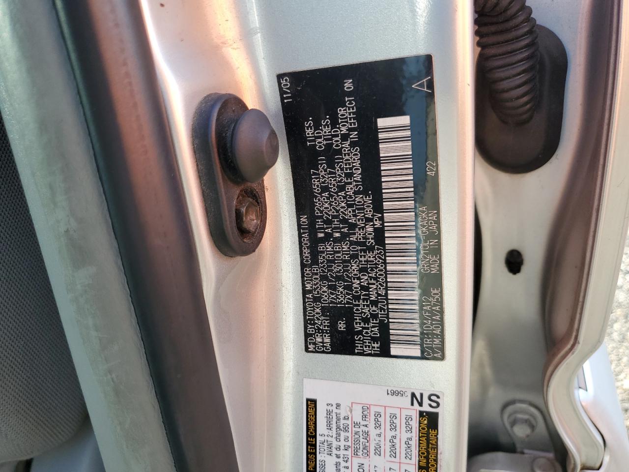 2006 Toyota 4Runner Sr5 VIN: JTEZU14R260069237 Lot: 69577735