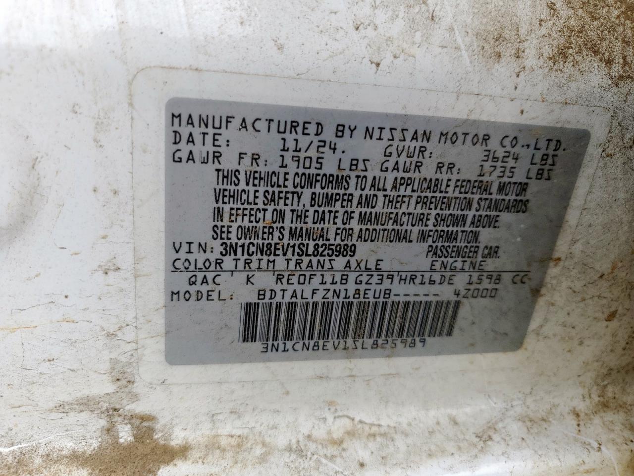 2025 Nissan Versa Sv VIN: 3N1CN8EV1SL825989 Lot: 69602115