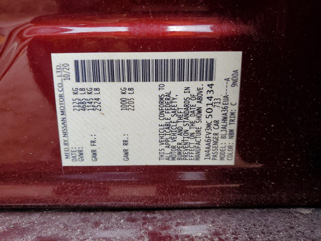 2021 Nissan Maxima Platinum VIN: 1N4AA6FV3MC501434 Lot: 70999905