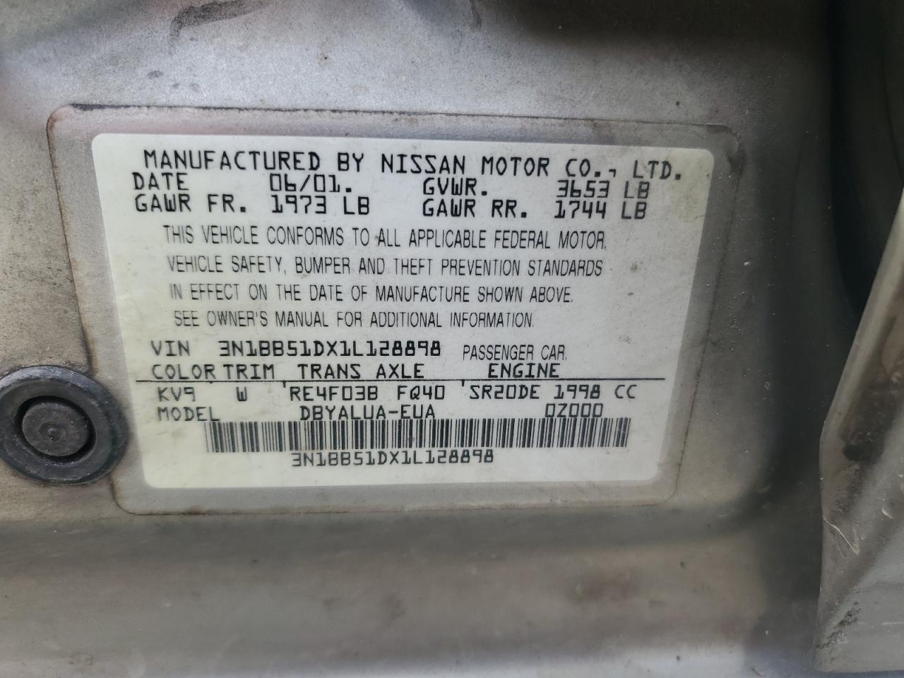 2001 Nissan Sentra Se VIN: 3N1BB51DX1L128898 Lot: 68454995