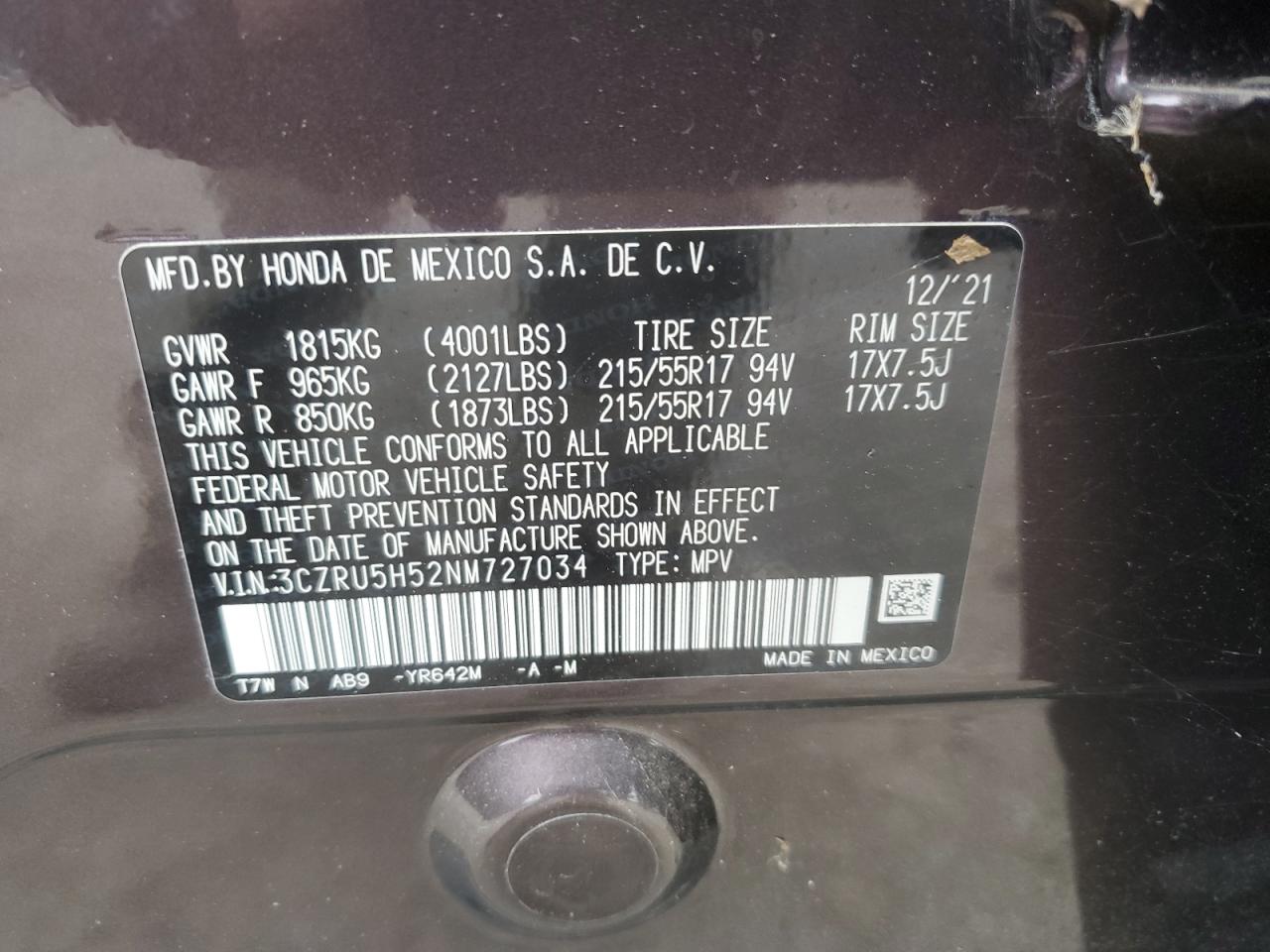 2022 Honda Hr-V Ex VIN: 3CZRU5H52NM727034 Lot: 69316455