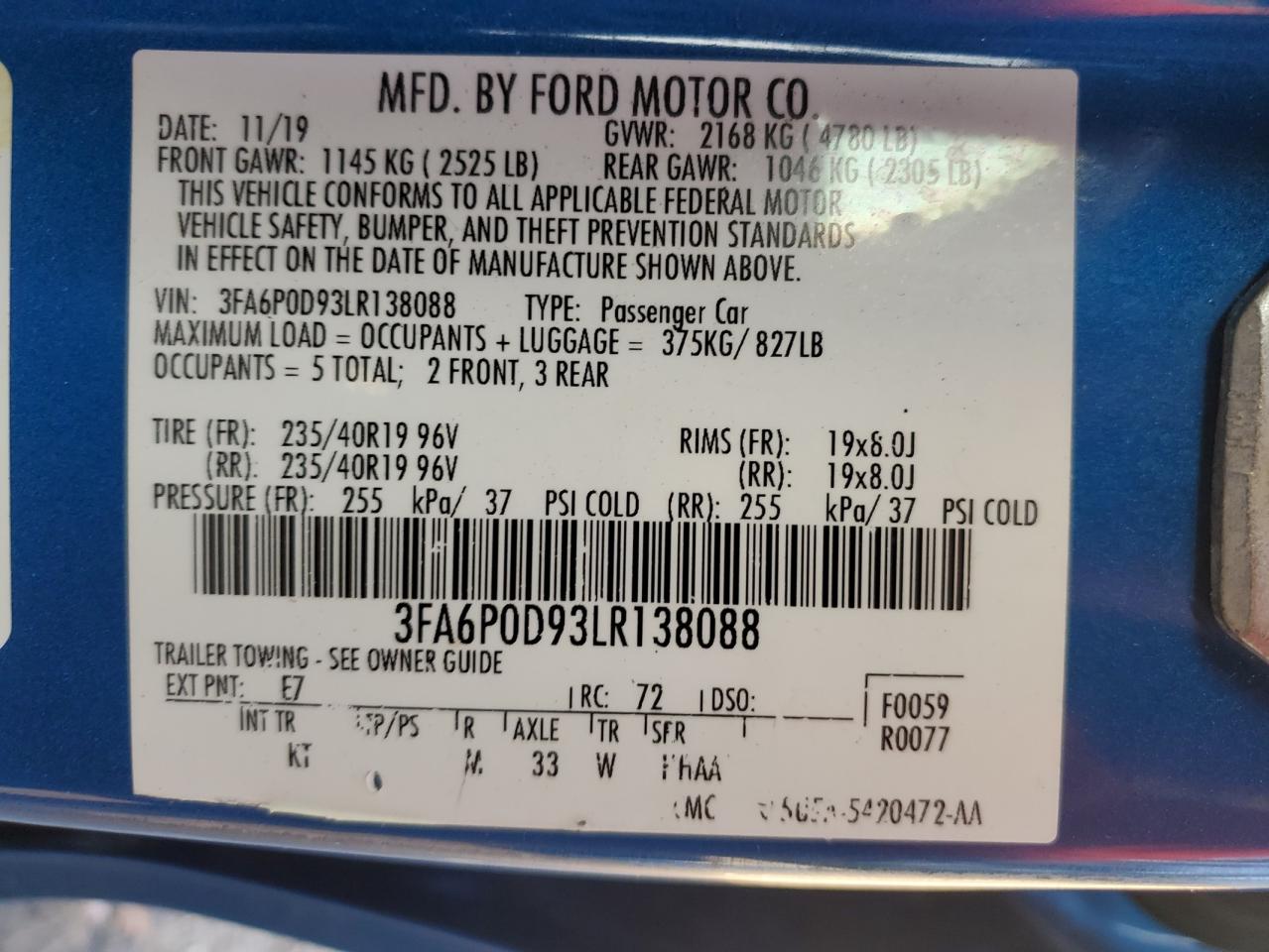 2020 Ford Fusion Titanium VIN: 3FA6P0D93LR138088 Lot: 68956475