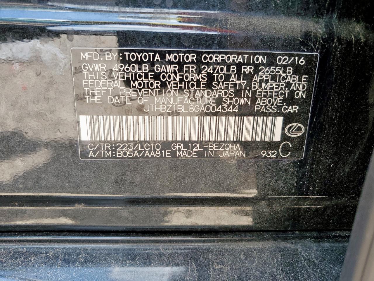 2016 Lexus Gs 350 Base VIN: JTHBZ1BL8GA004344 Lot: 67679805