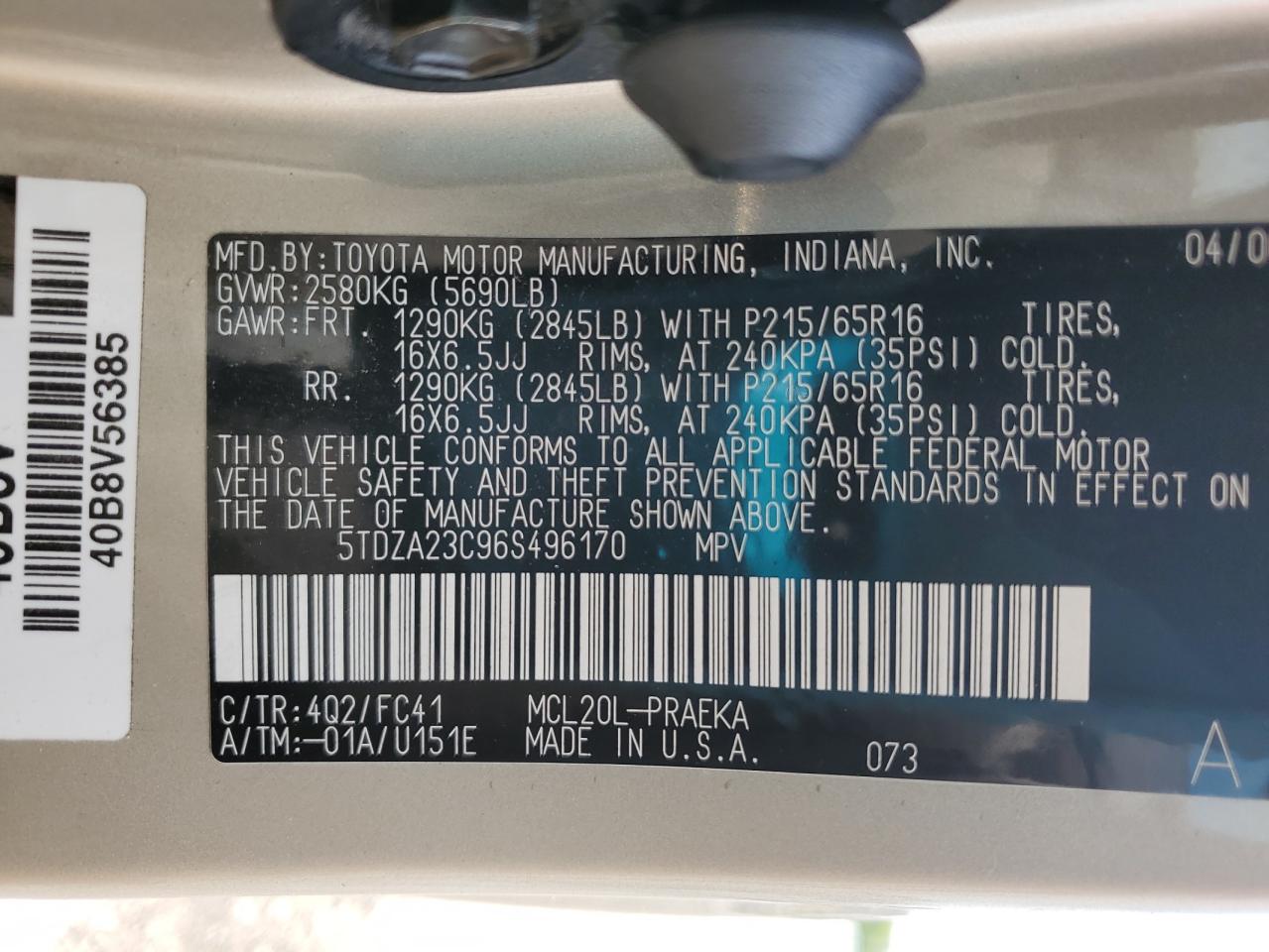 2006 Toyota Sienna Ce VIN: 5TDZA23C96S496170 Lot: 69279895