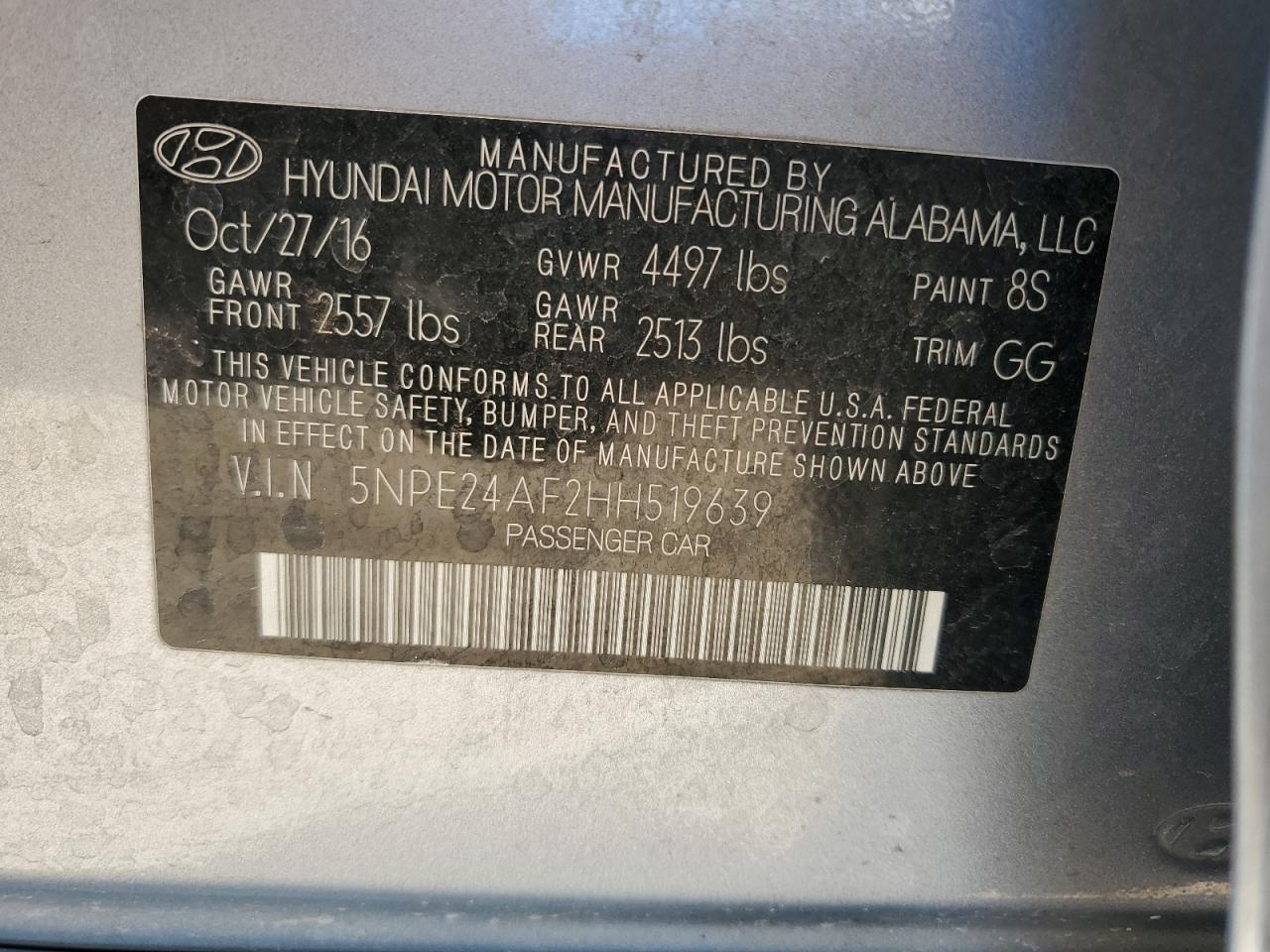 2017 Hyundai Sonata Se VIN: 5NPE24AF2HH519639 Lot: 83976905