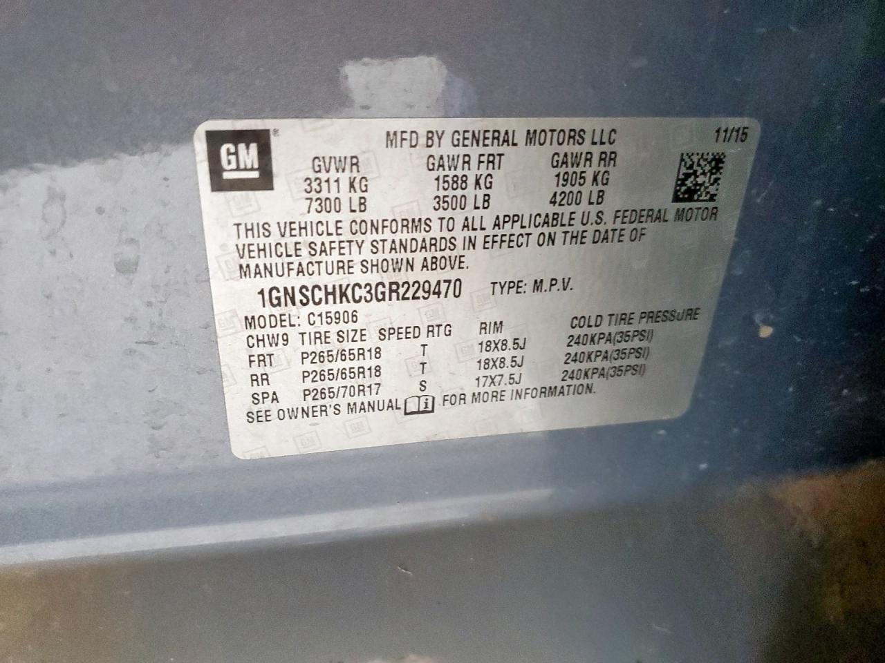 2016 Chevrolet Suburban C1500 Lt VIN: 1GNSCHKC3GR229470 Lot: 69930855