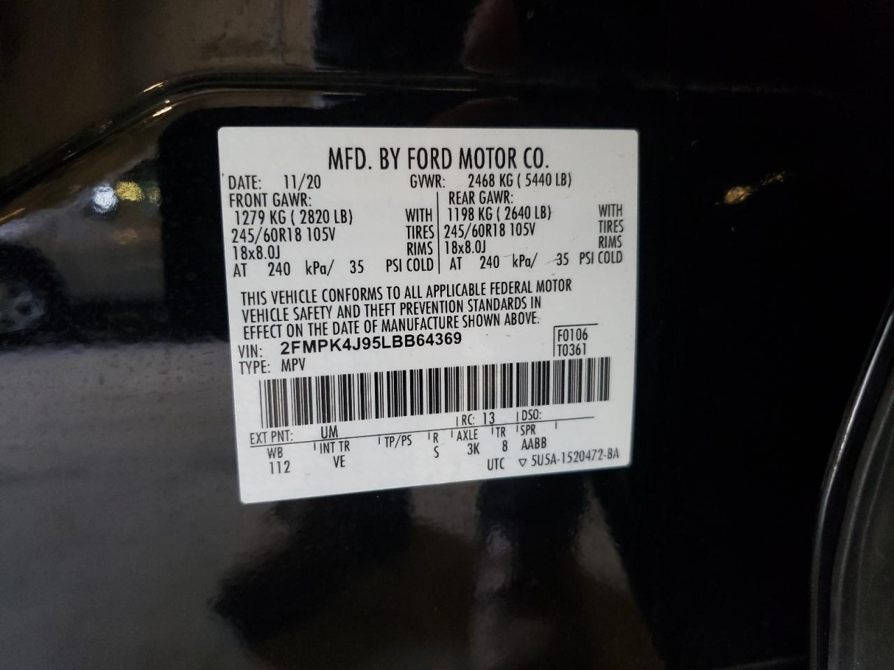 2020 Ford Edge Sel VIN: 2FMPK4J95LBB64369 Lot: 68567115