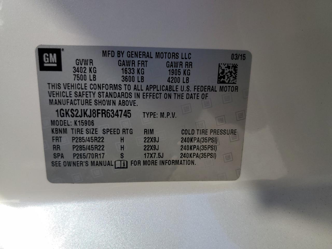 2015 GMC Yukon Xl Denali VIN: 1GKS2JKJ8FR634745 Lot: 68002185