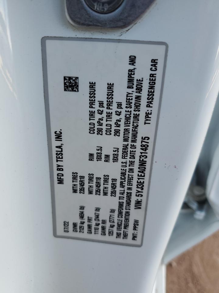 2022 Tesla Model 3 VIN: 5YJ3E1EA0NF314875 Lot: 69435325
