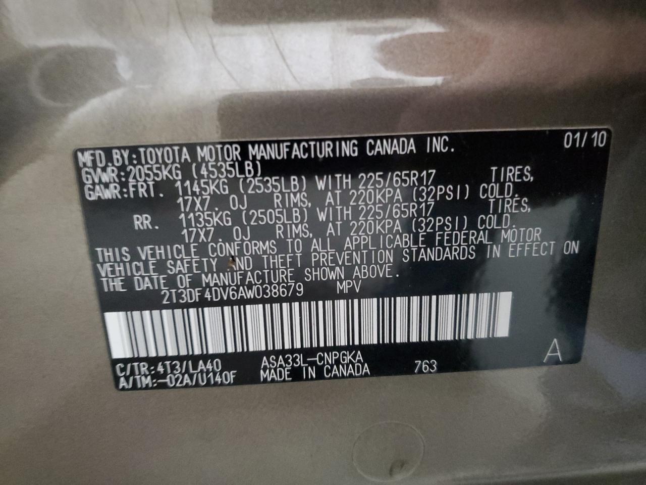 2010 Toyota Rav4 Limited VIN: 2T3DF4DV6AW038679 Lot: 69959905