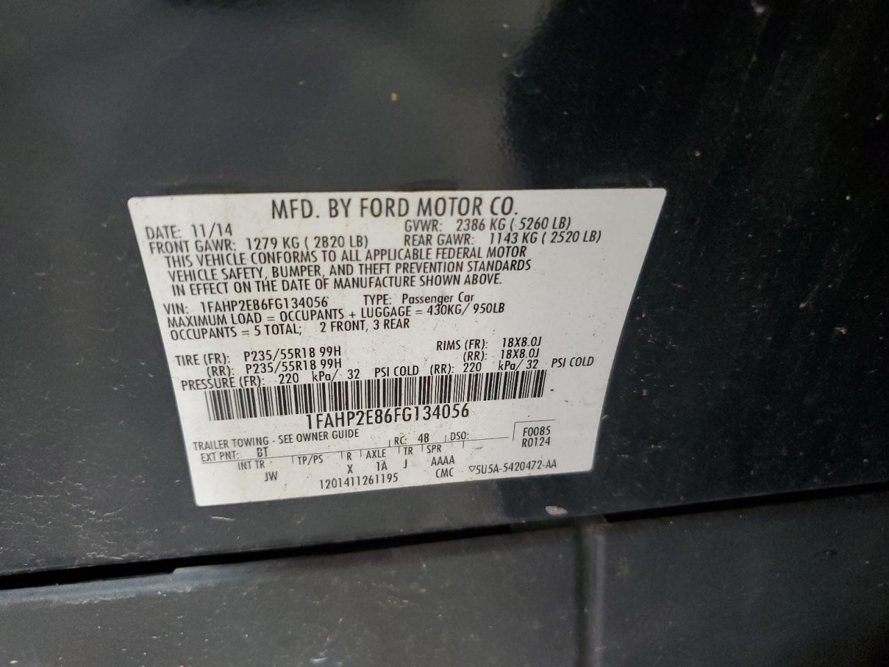 2015 Ford Taurus Sel VIN: 1FAHP2E86FG134056 Lot: 67271585