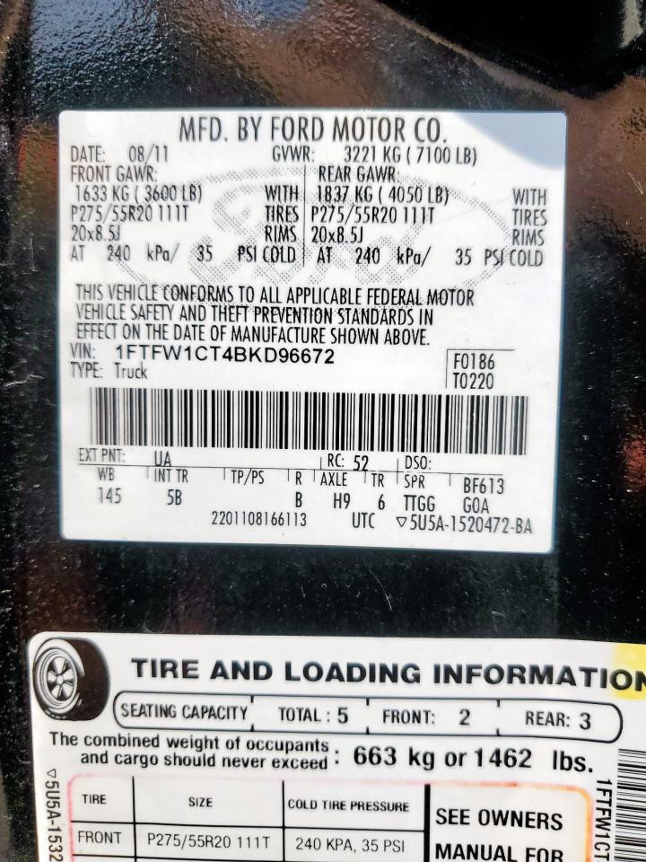 2011 Ford F150 Supercrew VIN: 1FTFW1CT4BKD96672 Lot: 69416335
