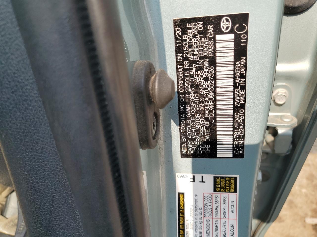 2021 Toyota Prius Le VIN: JTDL9MFU8M3027326 Lot: 67459325