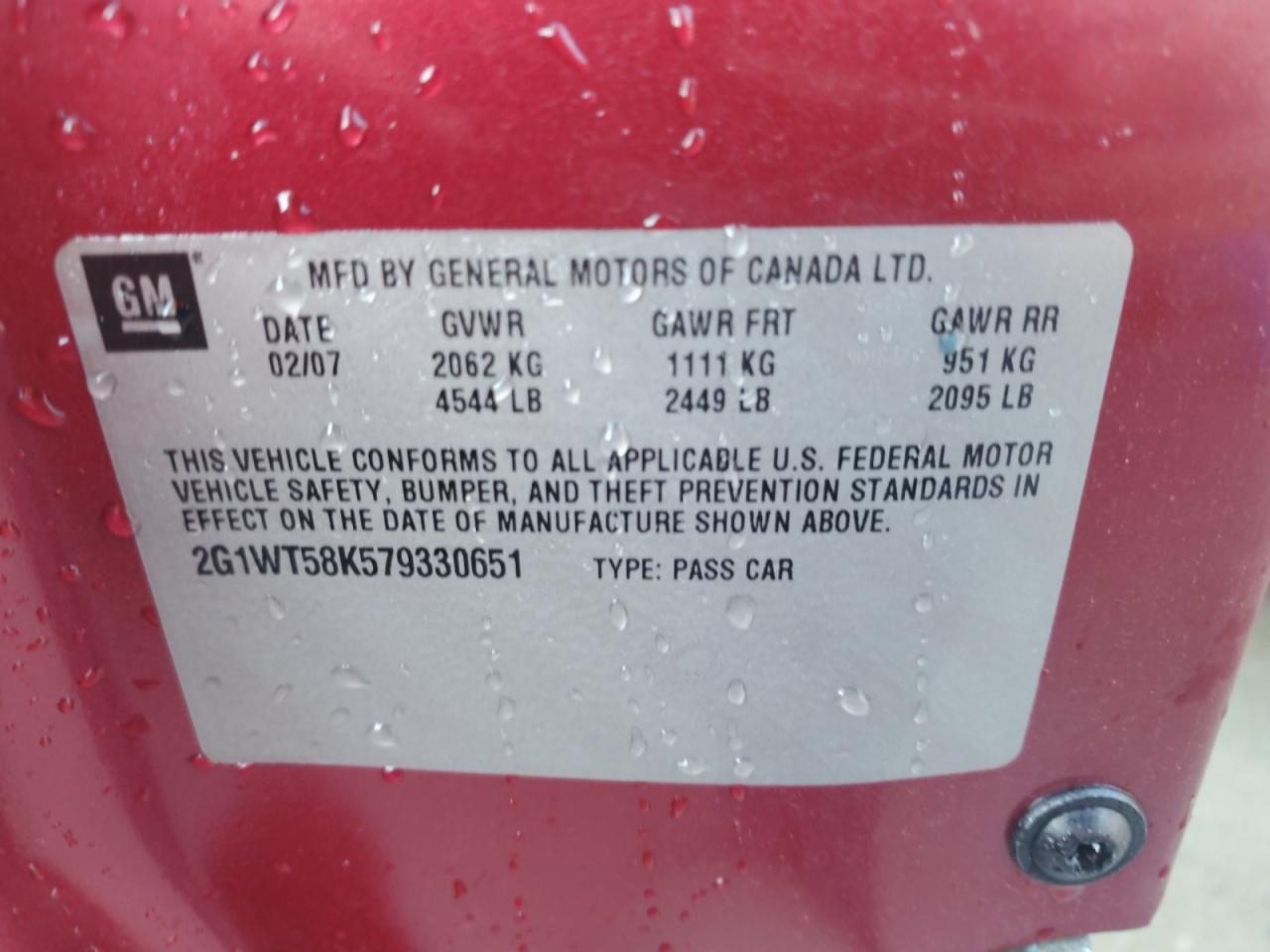 2007 Chevrolet Impala Lt VIN: 2G1WT58K579330651 Lot: 70400045