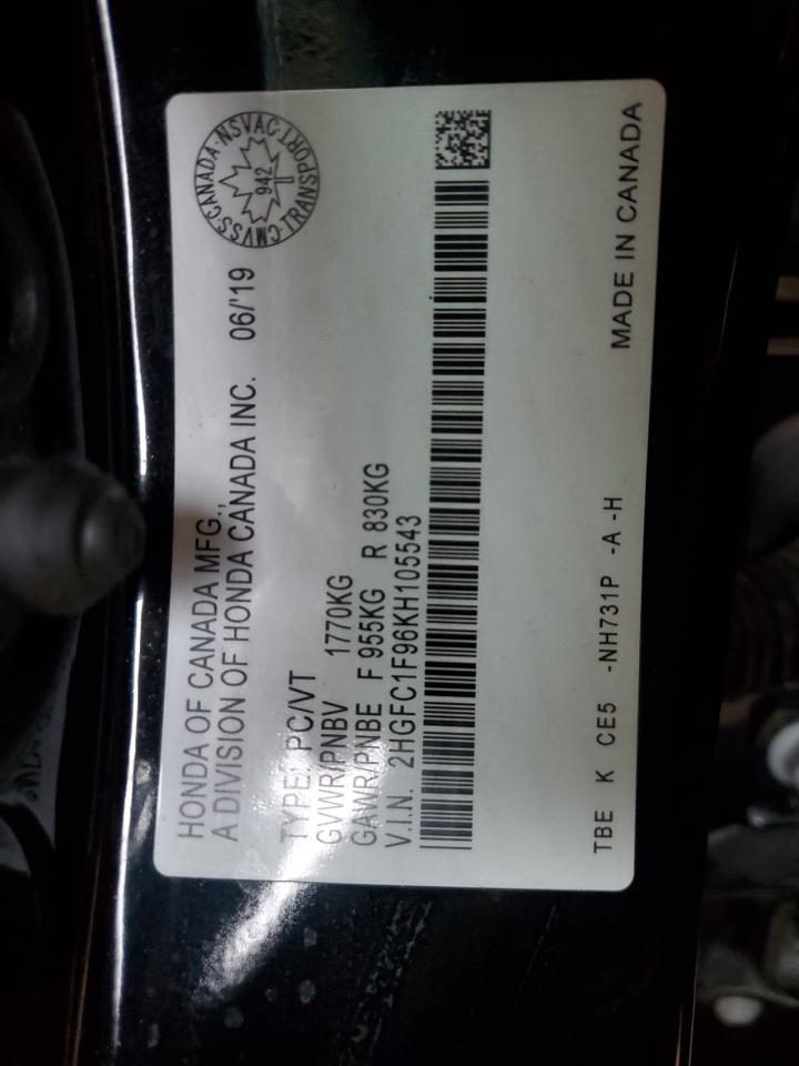 2019 Honda Civic Touring VIN: 2HGFC1F96KH105543 Lot: 70206105