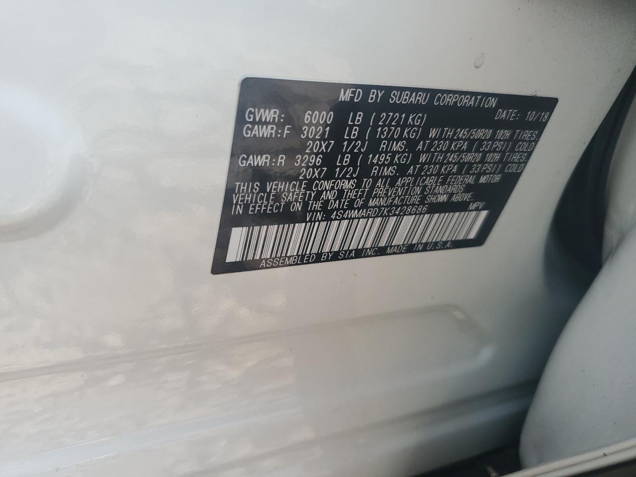 2019 Subaru Ascent Touring VIN: 4S4WMARD7K3428686 Lot: 67042025