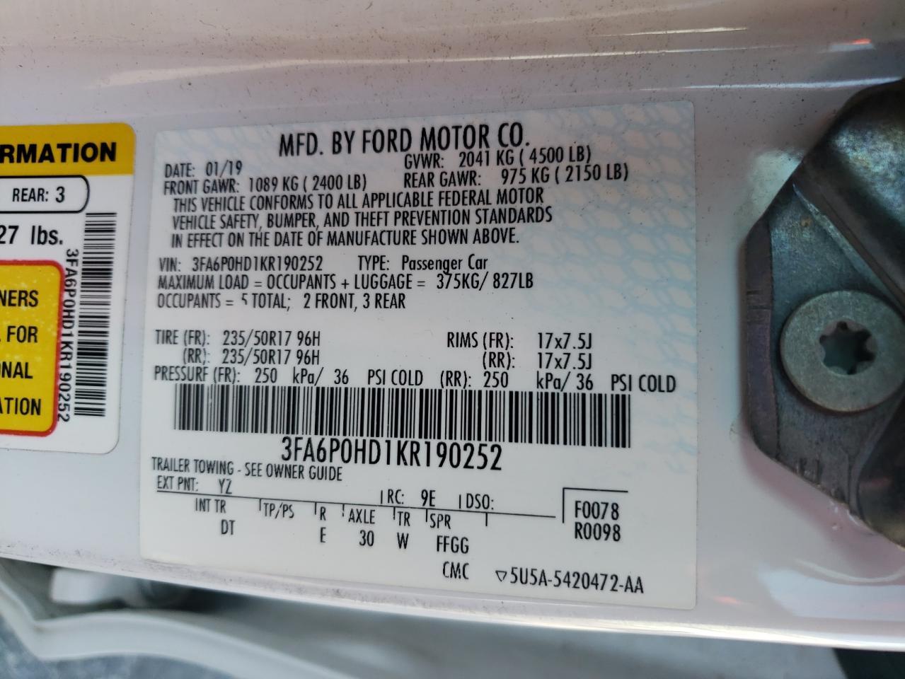 2019 Ford Fusion Se VIN: 3FA6P0HD1KR190252 Lot: 69049315