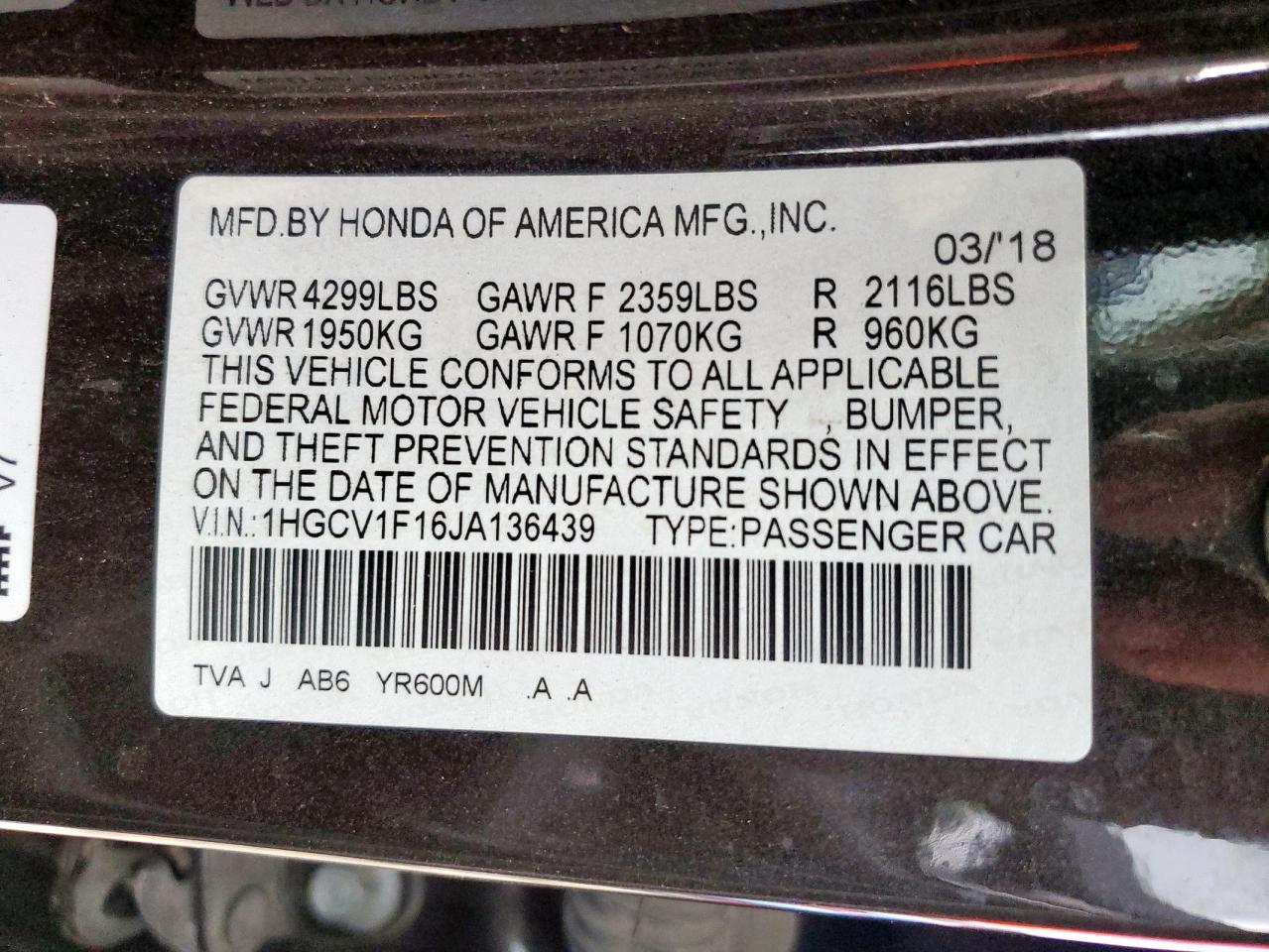 2018 Honda Accord Lx VIN: 1HGCV1F16JA136439 Lot: 69873685