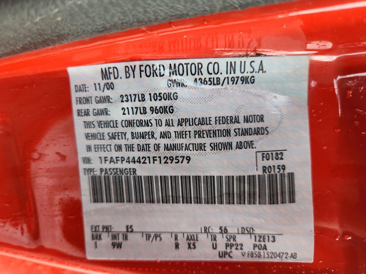 2001 Ford Mustang VIN: 1FAFP44421F129579 Lot: 70391535
