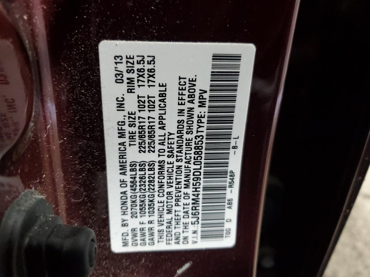 2013 Honda Cr-V Ex VIN: 5J6RM4H59DL058853 Lot: 70376875