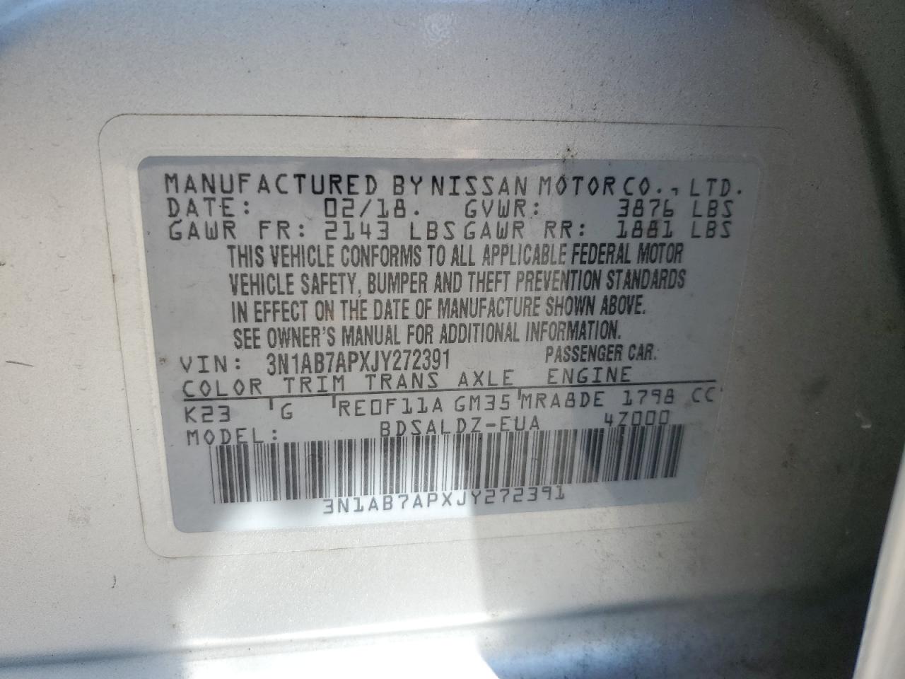 2018 Nissan Sentra S VIN: 3N1AB7APXJY272391 Lot: 70323105