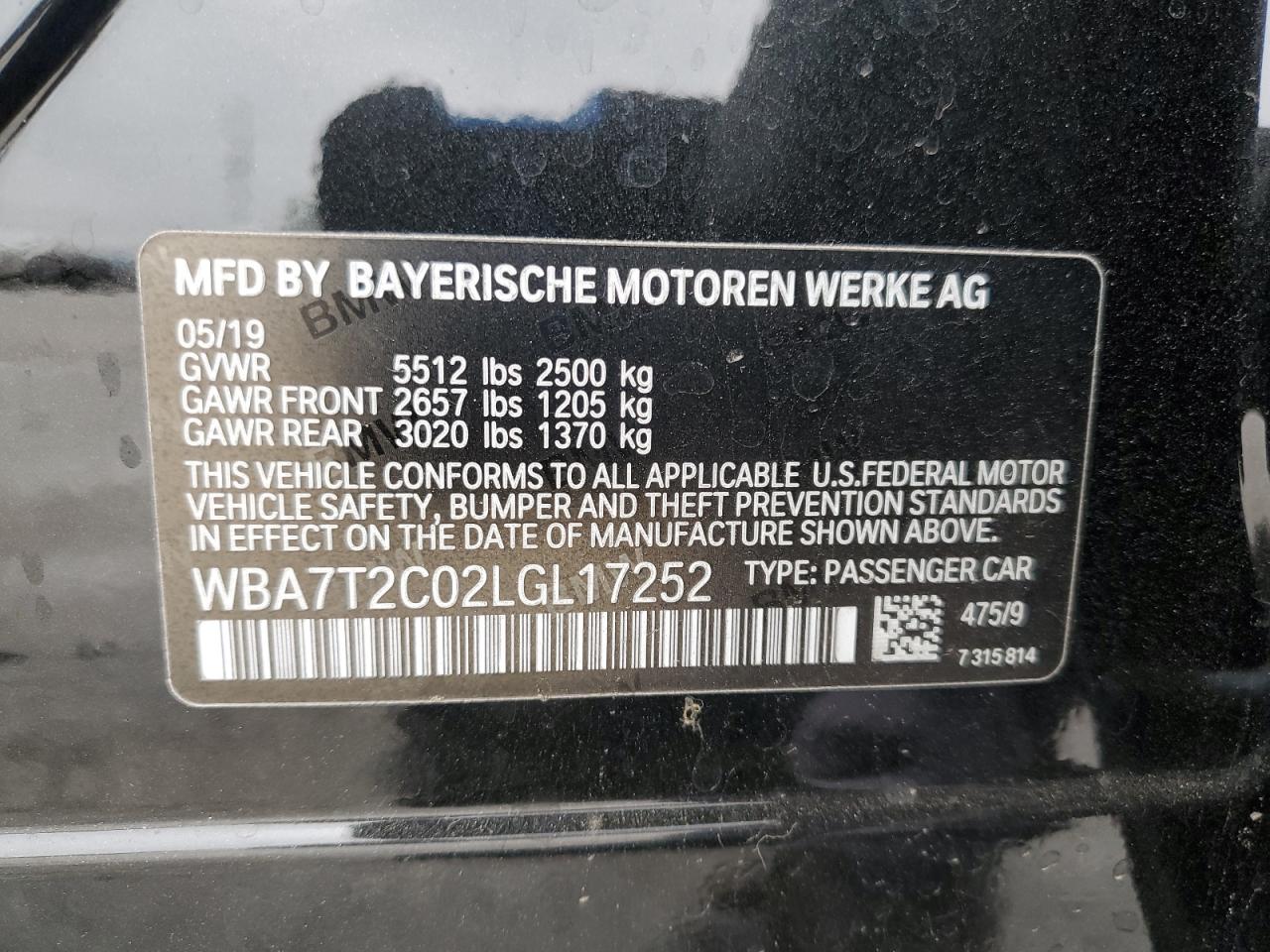 2020 BMW 740 I VIN: WBA7T2C02LGL17252 Lot: 67460415