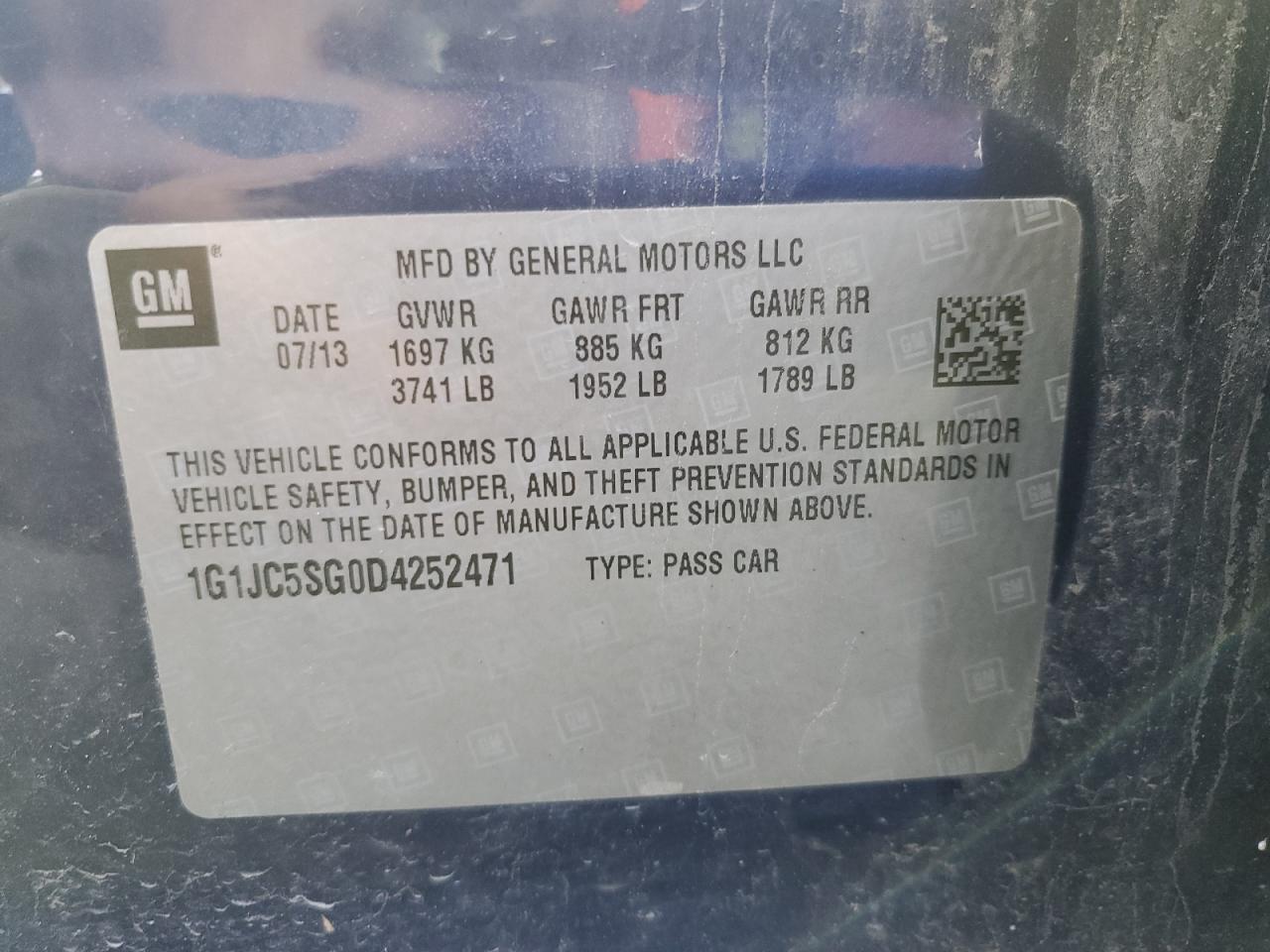 2013 Chevrolet Sonic Lt VIN: 1G1JC5SG0D4252471 Lot: 71157385