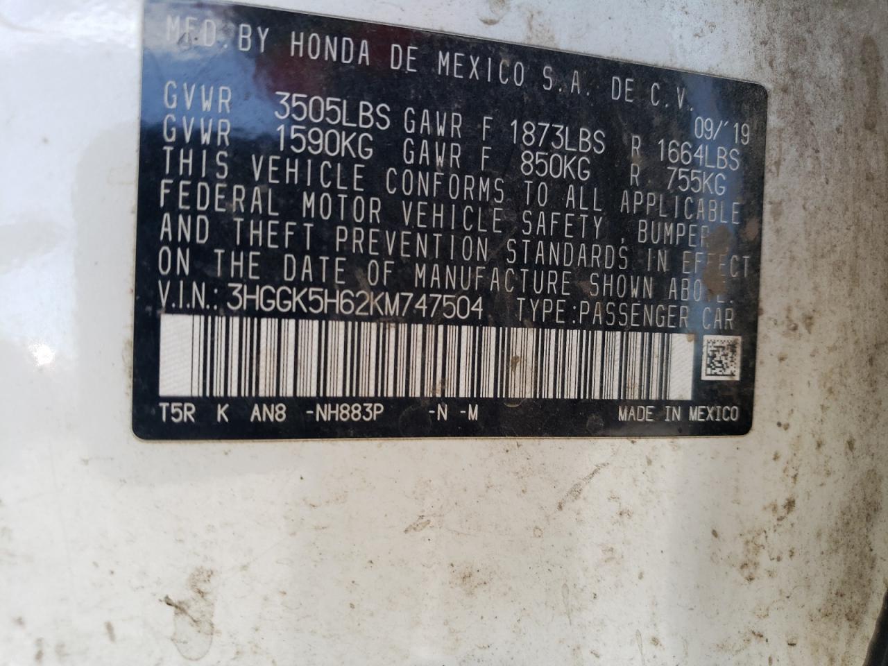 2019 Honda Fit Sport VIN: 3HGGK5H62KM747504 Lot: 67750635