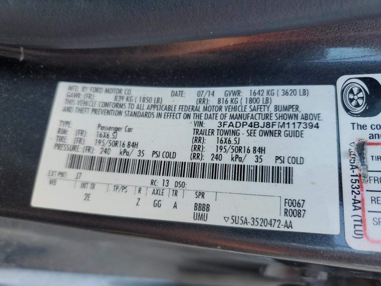 2015 Ford Fiesta Se VIN: 3FADP4BJ8FM117394 Lot: 70013925