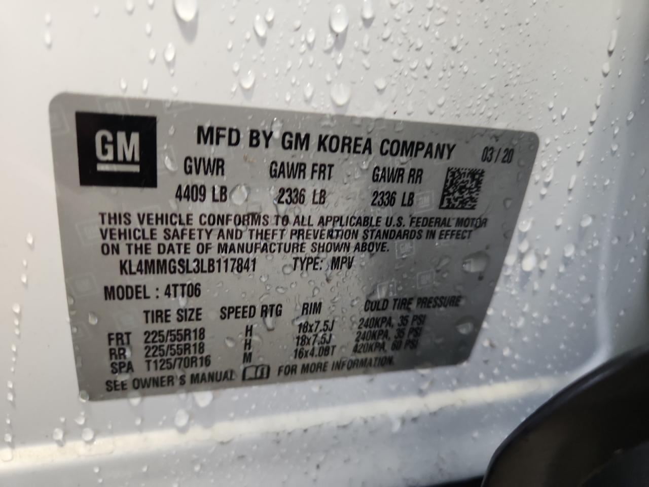 2020 Buick Encore Gx Essence VIN: KL4MMGSL3LB117841 Lot: 70527575