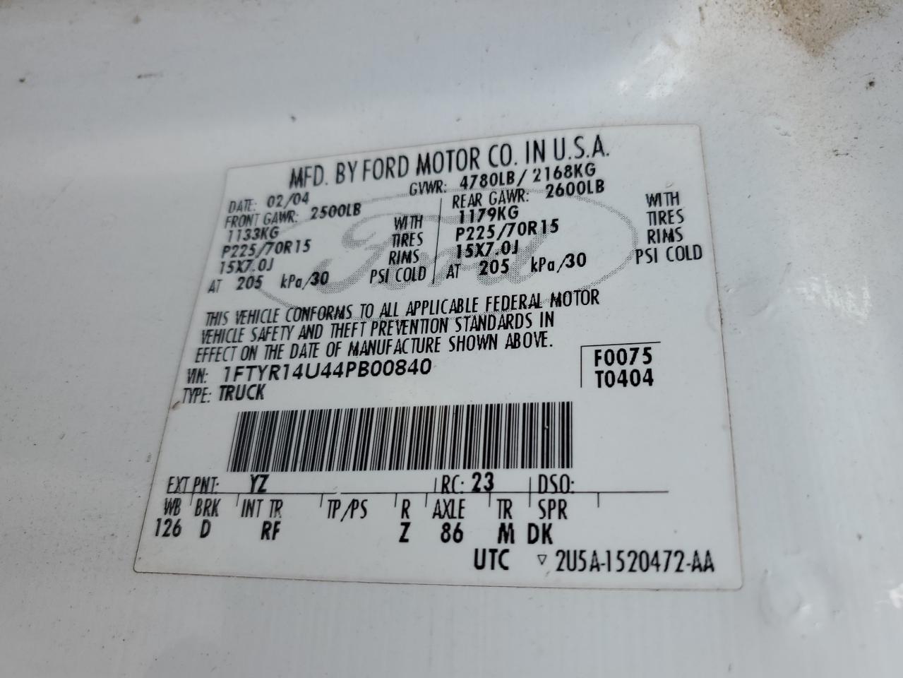 2004 Ford Ranger Super Cab VIN: 1FTYR14U44PB00840 Lot: 70671685