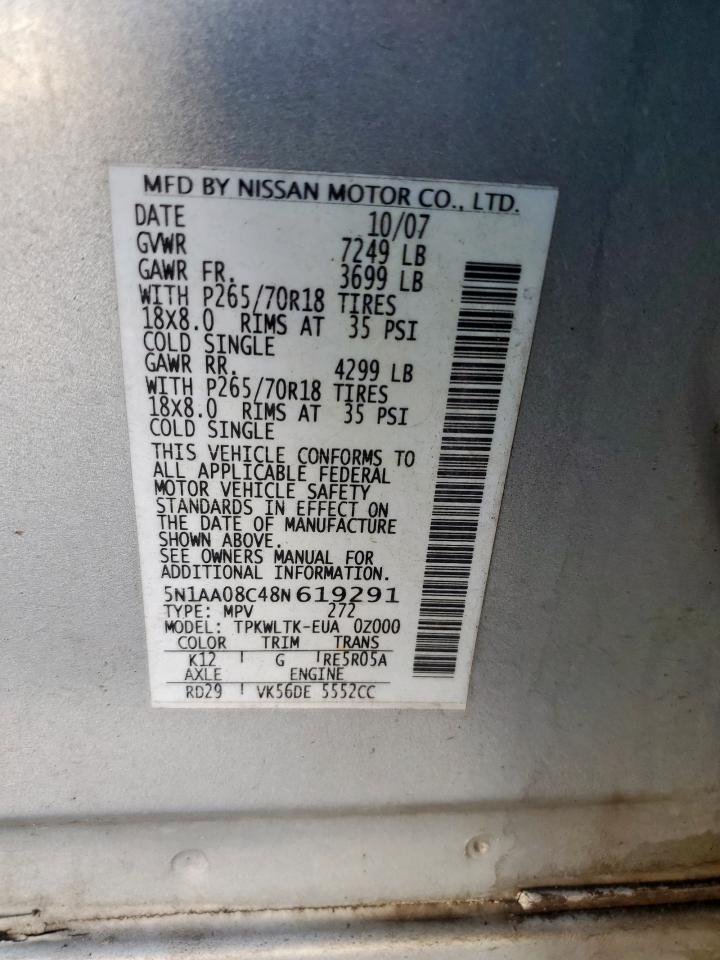2008 Nissan Armada Se VIN: 5N1AA08C48N619291 Lot: 70140115