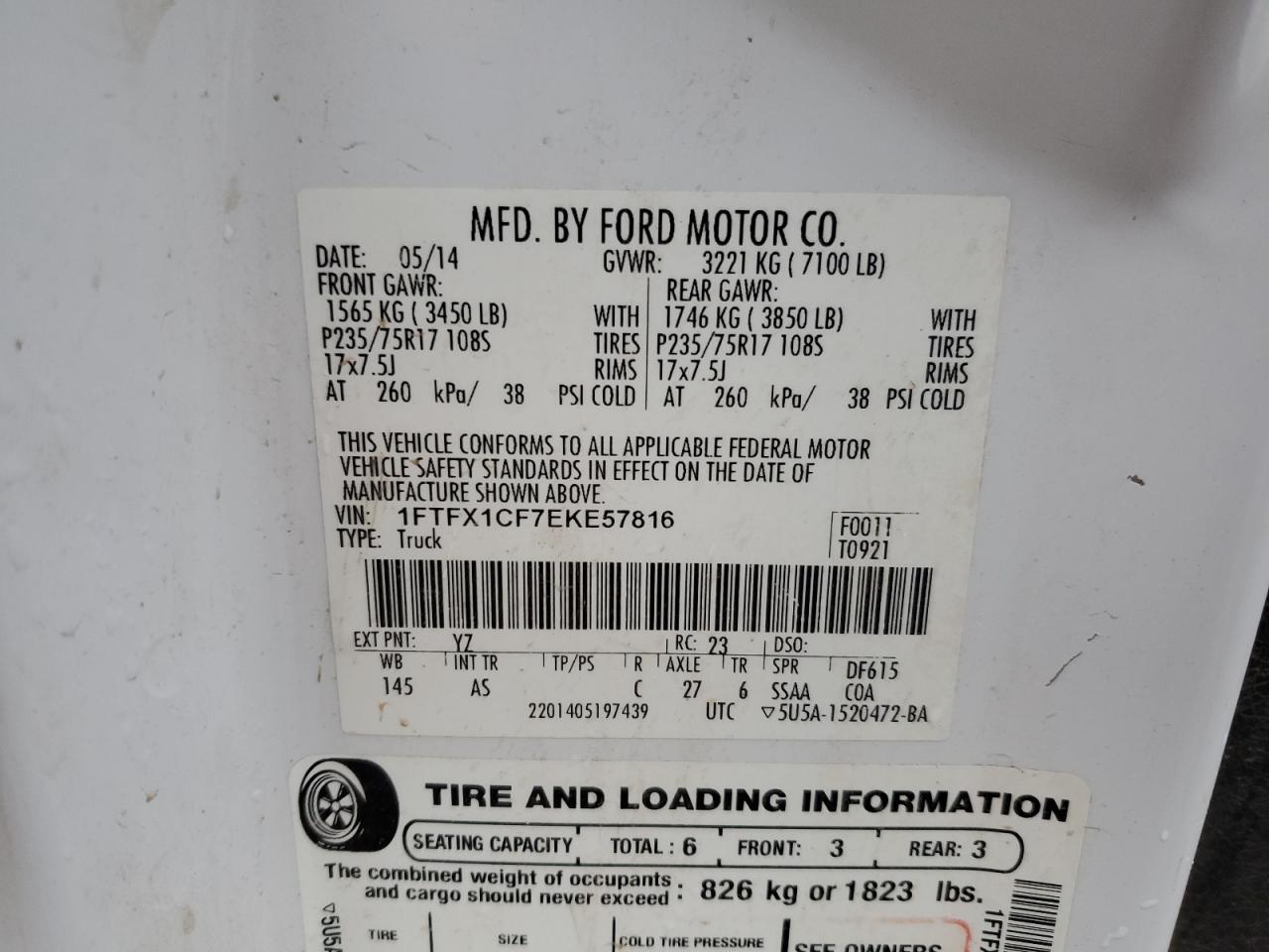 2014 Ford F150 Super Cab VIN: 1FTFX1CF7EKE57816 Lot: 68903235