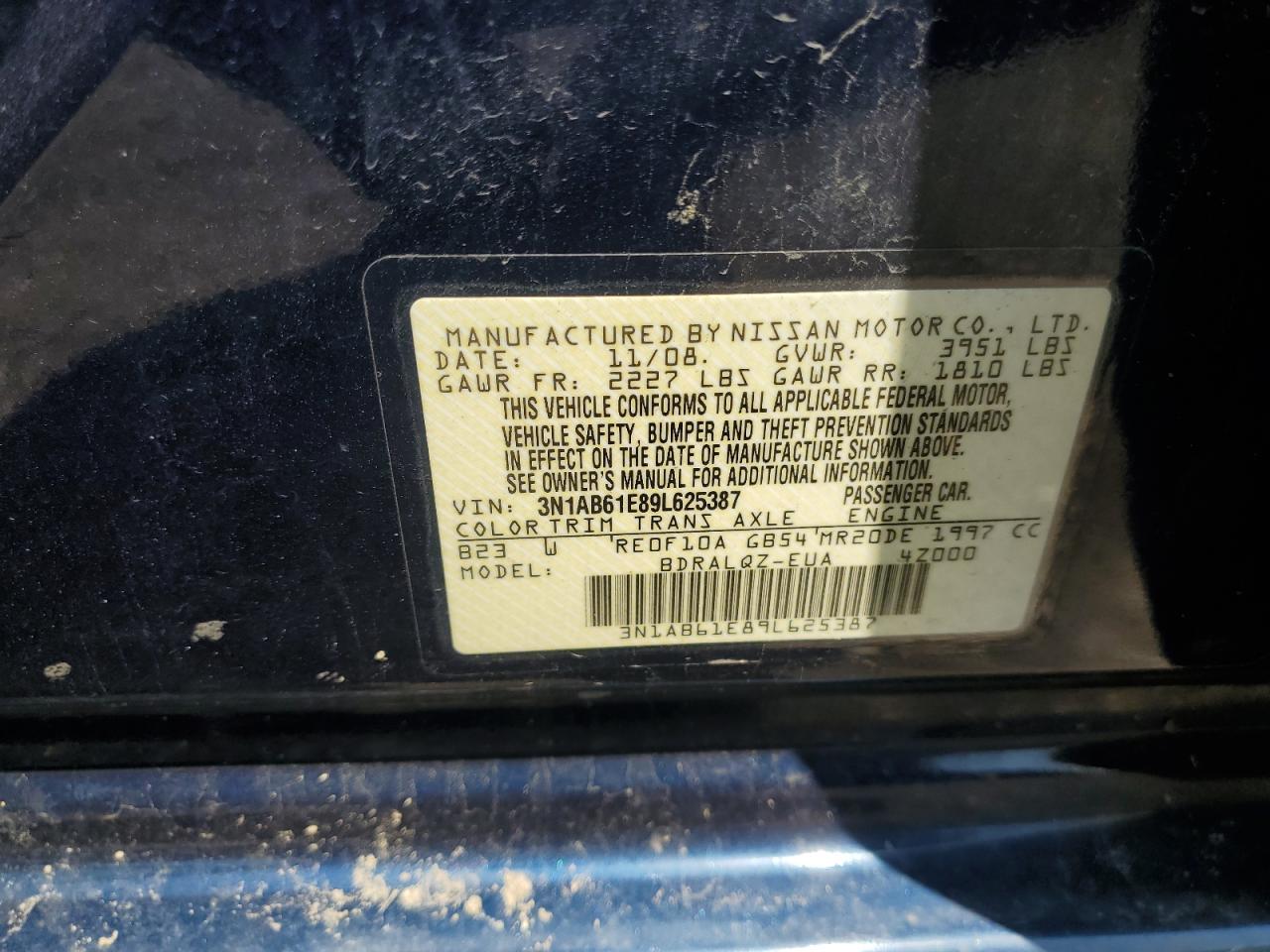2009 Nissan Sentra 2.0 VIN: 3N1AB61E89L625387 Lot: 80357025