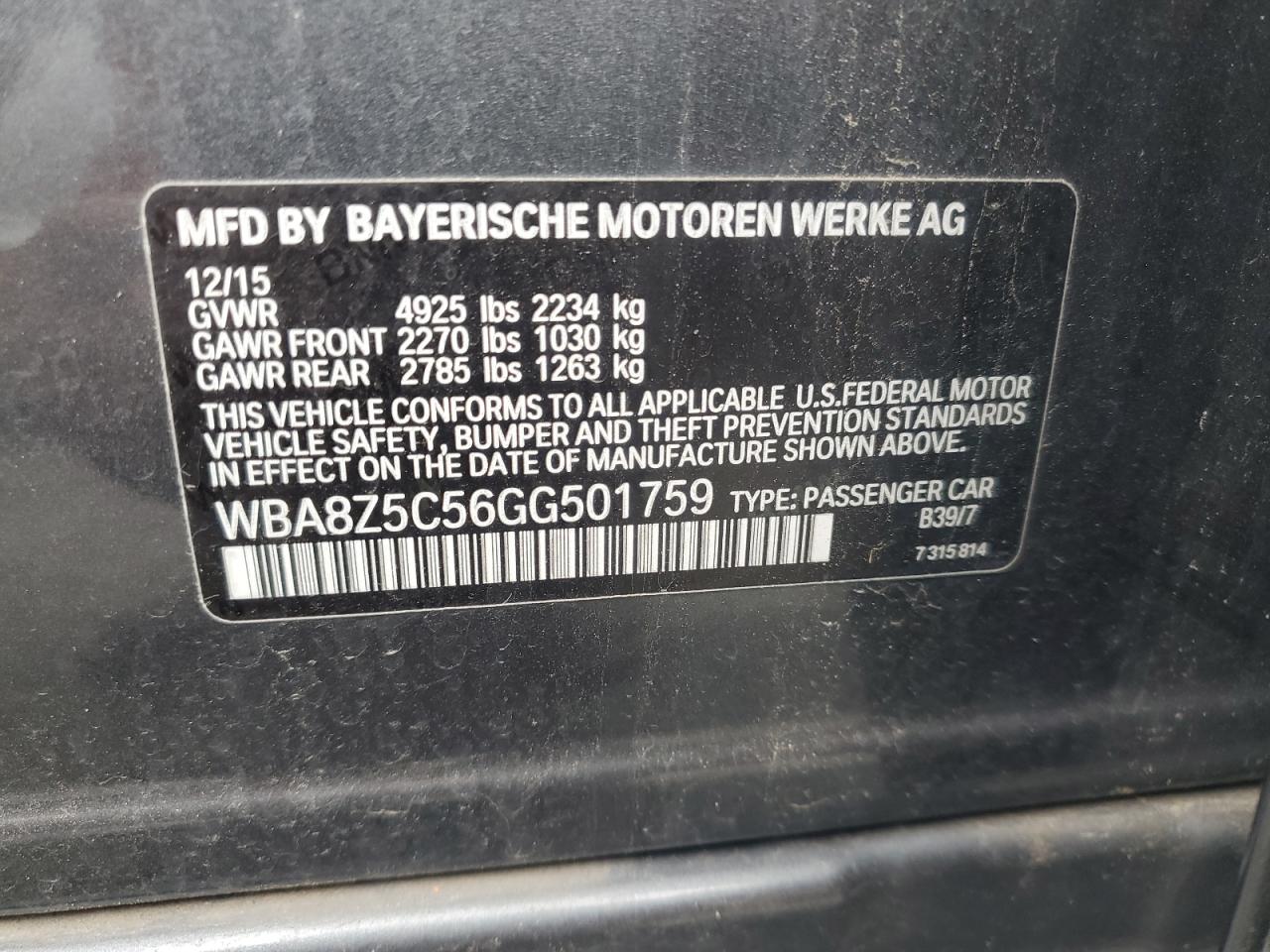 2016 BMW 328 Xigt Sulev VIN: WBA8Z5C56GG501759 Lot: 68944995