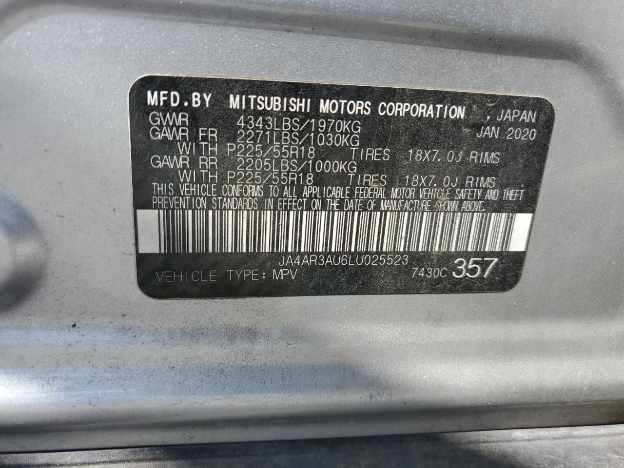 2020 Mitsubishi Outlander Sport Es VIN: JA4AR3AU6LU025523 Lot: 69662195