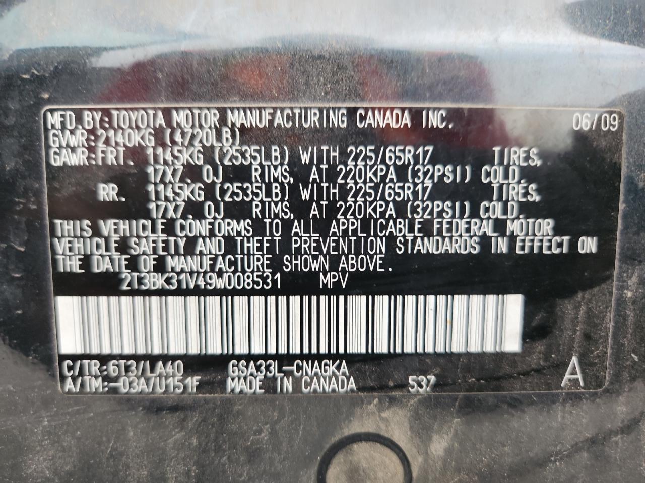 2009 Toyota Rav4 Limited VIN: 2T3BK31V49W008531 Lot: 70005215
