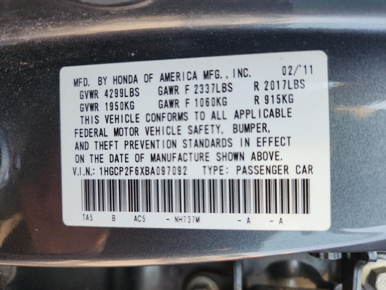 2011 Honda Accord Se VIN: 1HGCP2F6XBA097092 Lot: 70055755