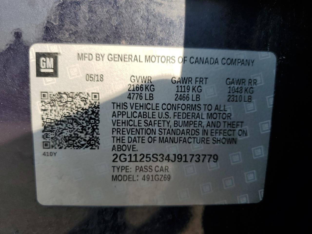 2018 Chevrolet Impala Premier VIN: 2G1125S34J9173779 Lot: 67391875