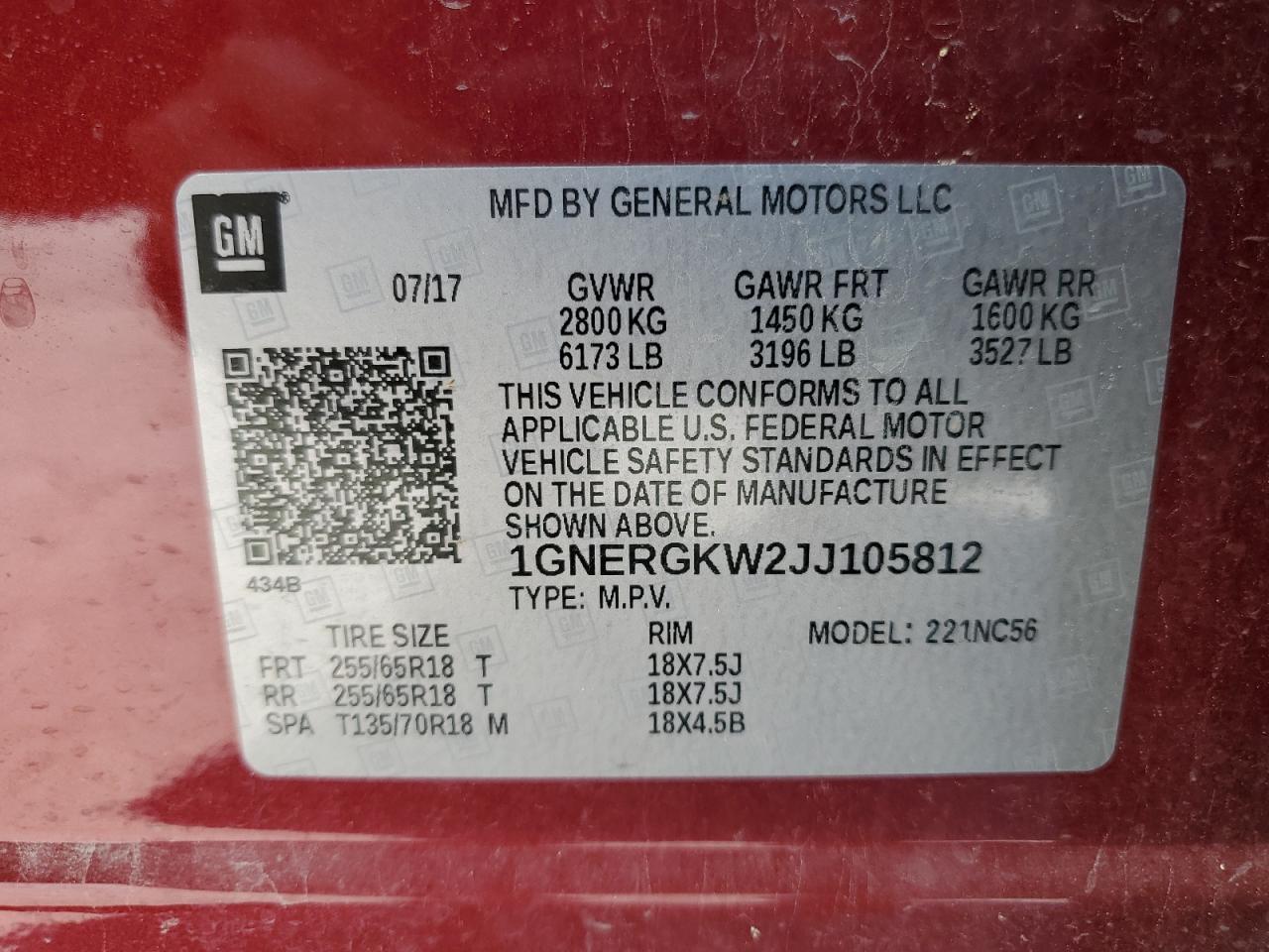 2018 Chevrolet Traverse Lt VIN: 1GNERGKW2JJ105812 Lot: 68748905