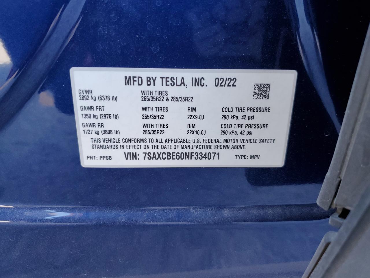 2022 Tesla Model X VIN: 7SAXCBE60NF334071 Lot: 69311805