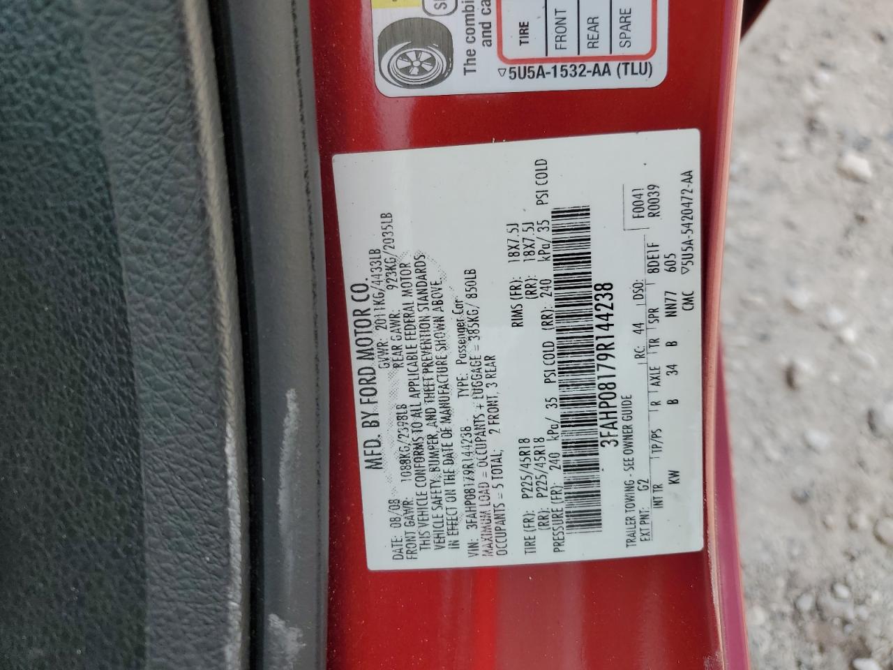 2009 Ford Fusion Sel VIN: 3FAHP08179R144238 Lot: 68016475