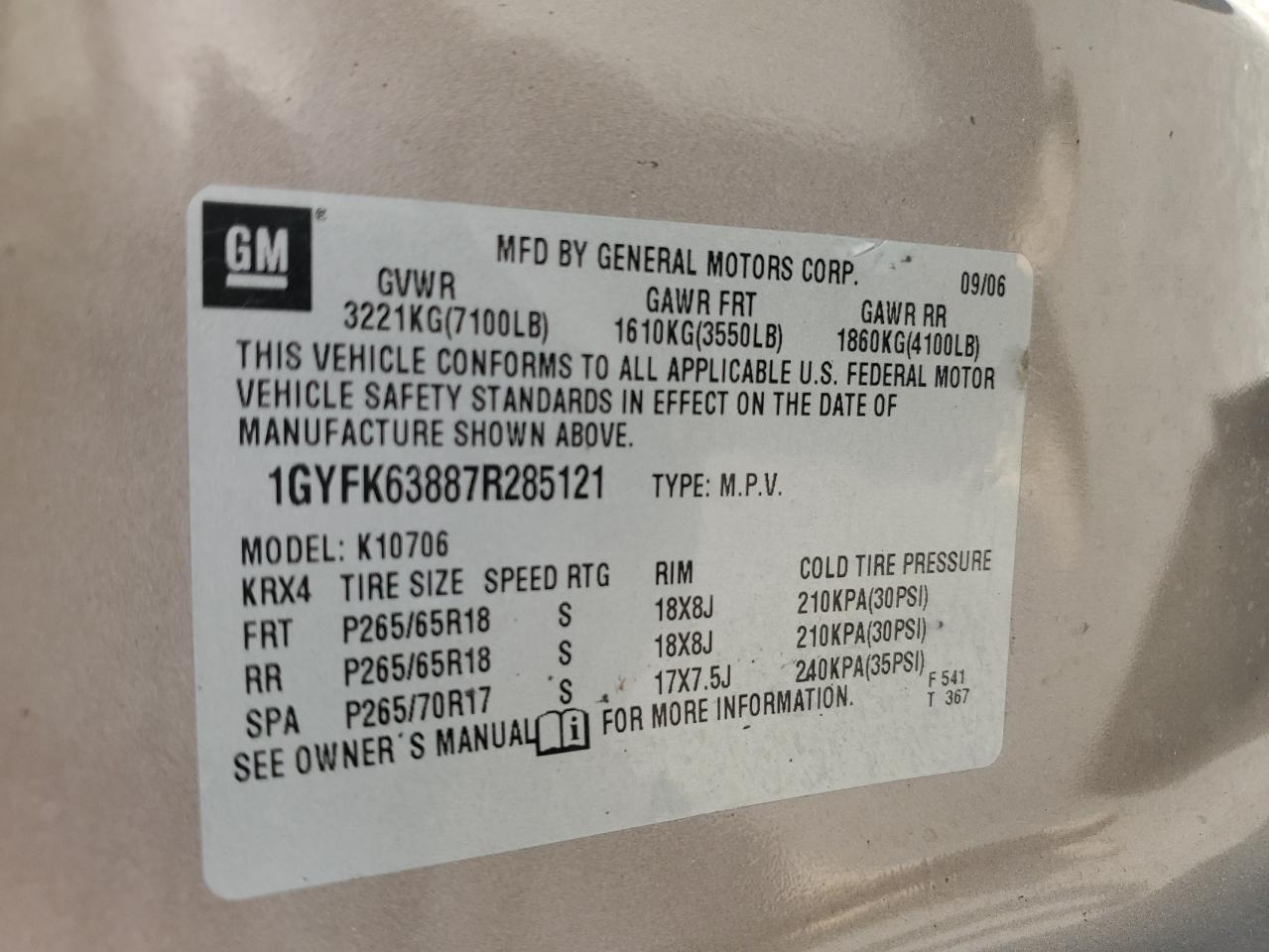 2007 Cadillac Escalade Luxury VIN: 1GYFK63887R285121 Lot: 68832695