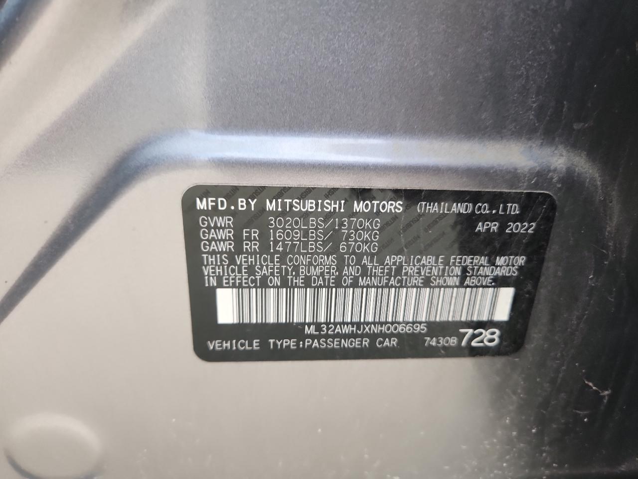 2022 Mitsubishi Mirage Se VIN: ML32AWHJXNH006695 Lot: 67471585