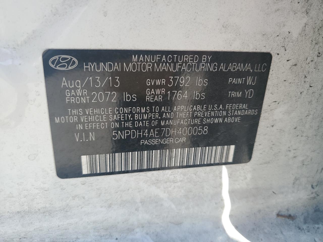 2013 Hyundai Elantra Gls VIN: 5NPDH4AE7DH400058 Lot: 70208455